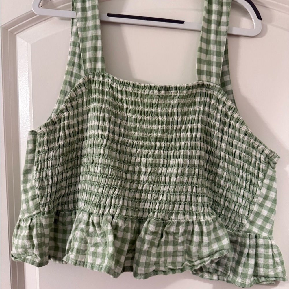American Eagle Outfitters Green and White Smocked Ruffled Tank Top